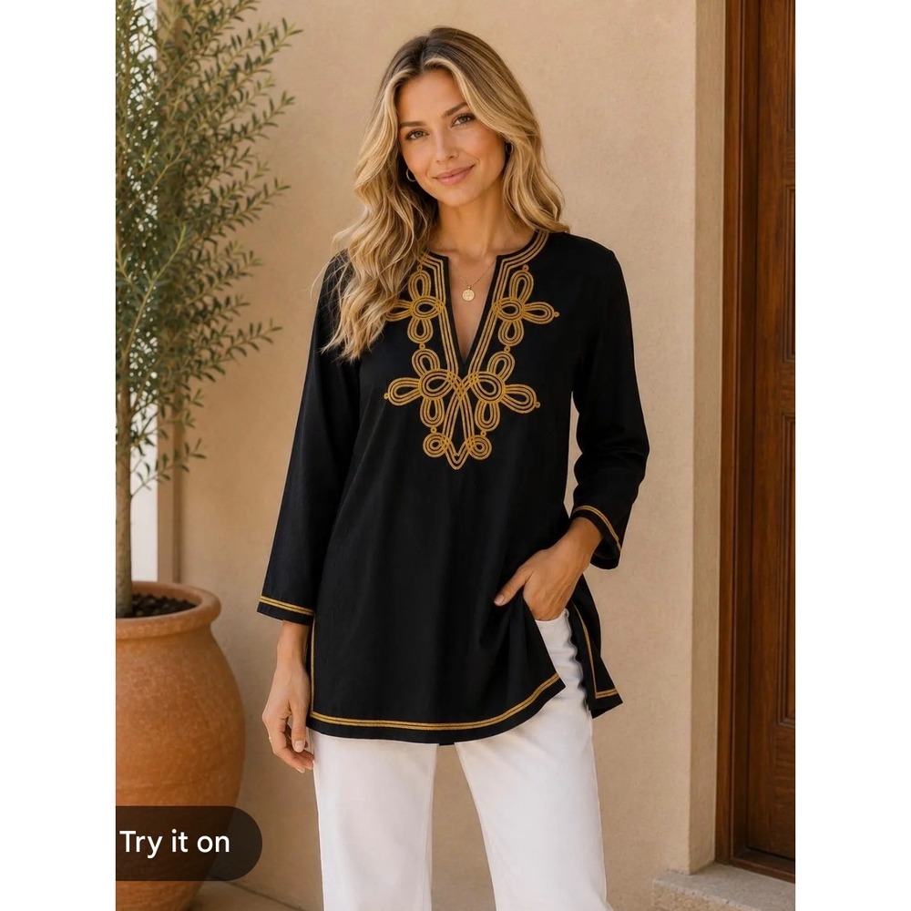 Gretchen Scott Tunic Women Medium Black Gold Embroidered Cotton Split Neck Top